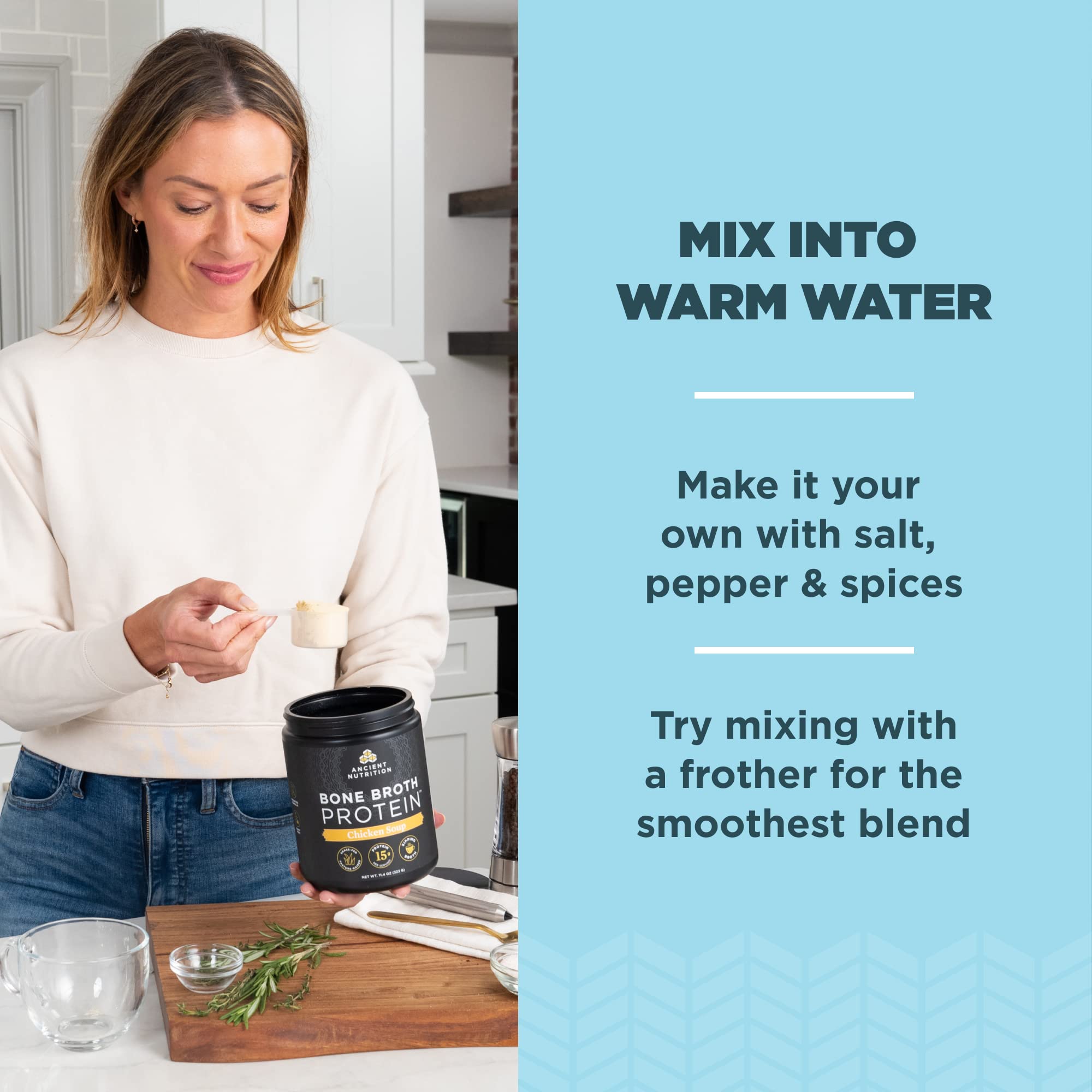 Ancient Nutrition tub label with dairy-free and gluten-free attributes