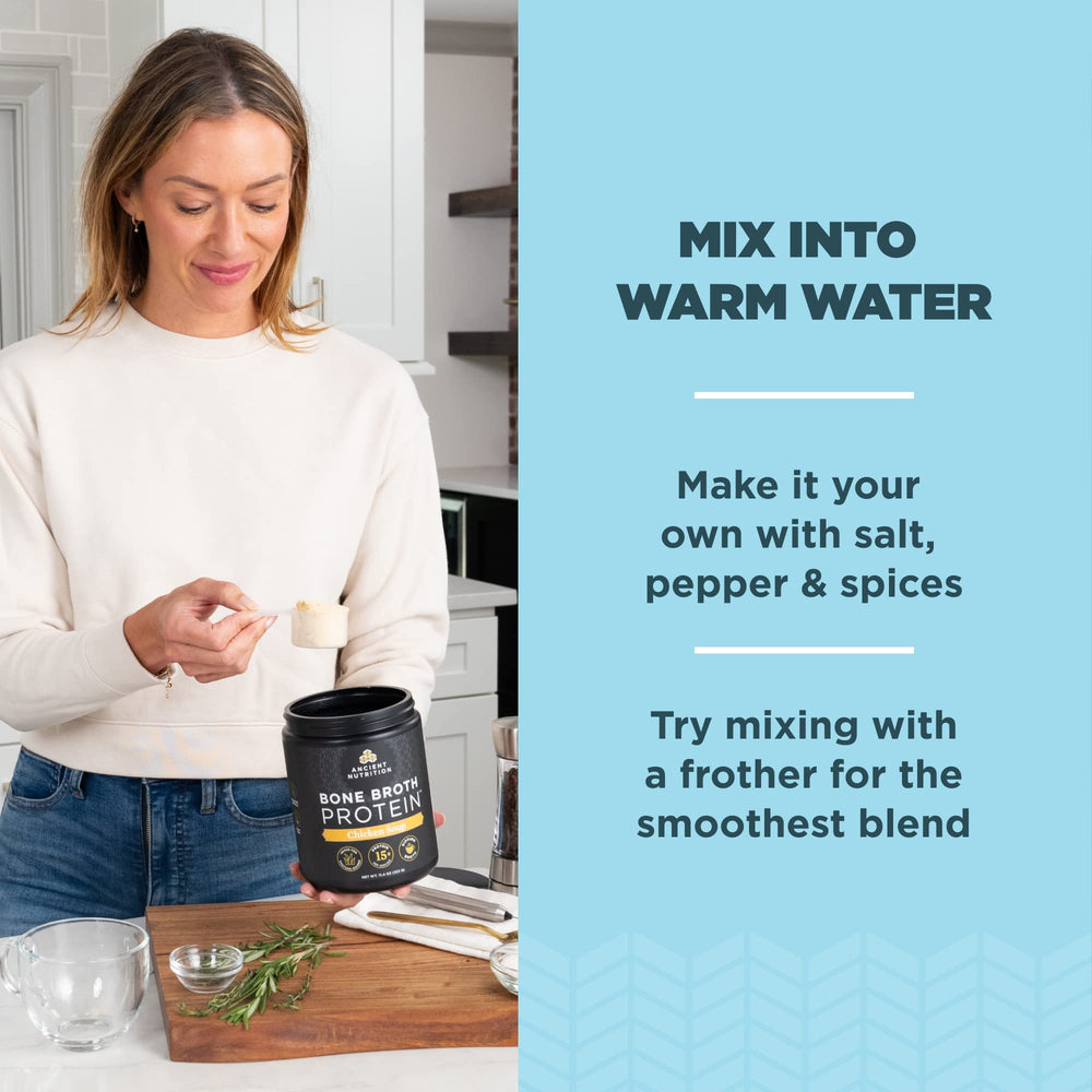 Ancient Nutrition tub label with dairy-free and gluten-free attributes
