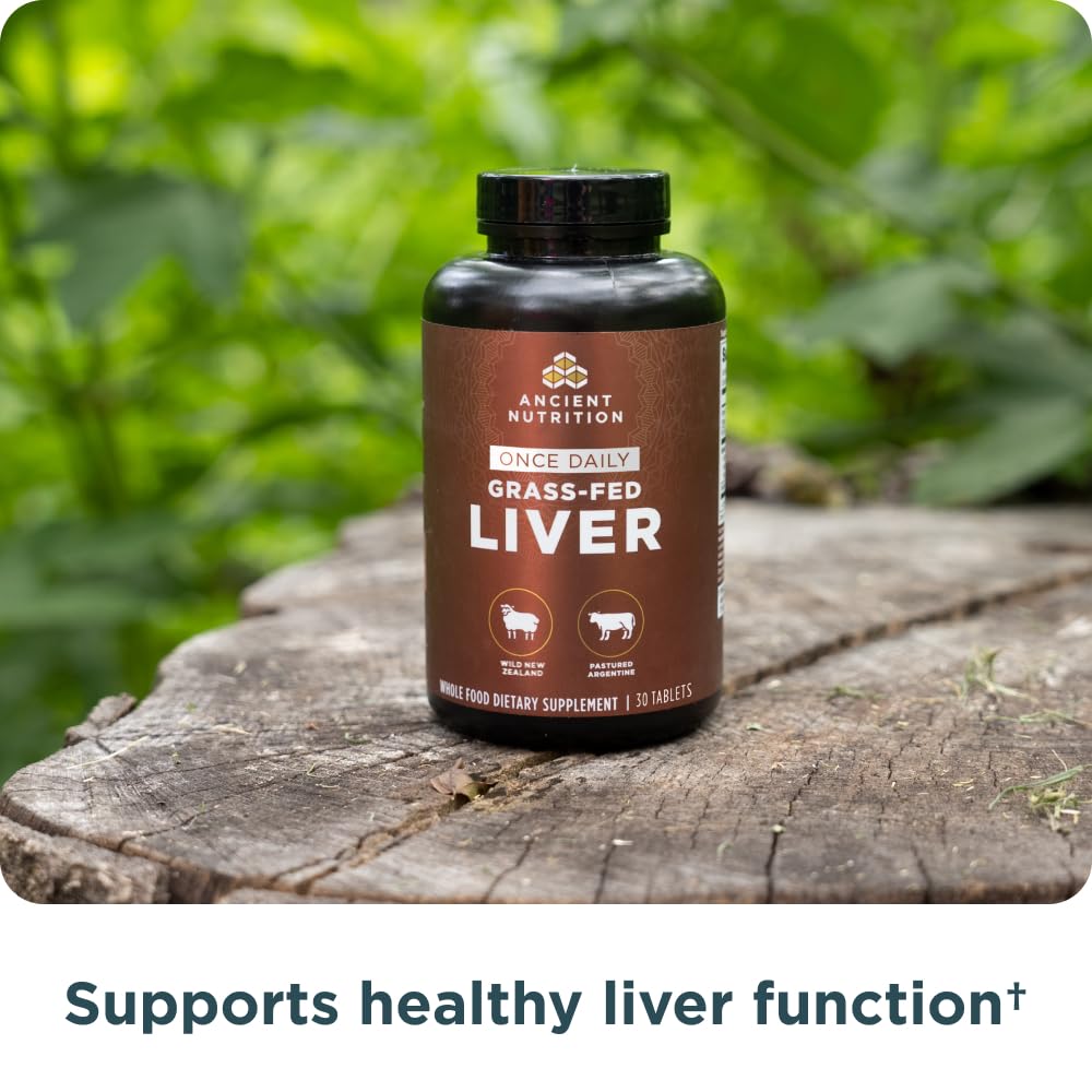 Ancient Nutrition organ supplements bottle back label highlights grass-fed and wild origin.