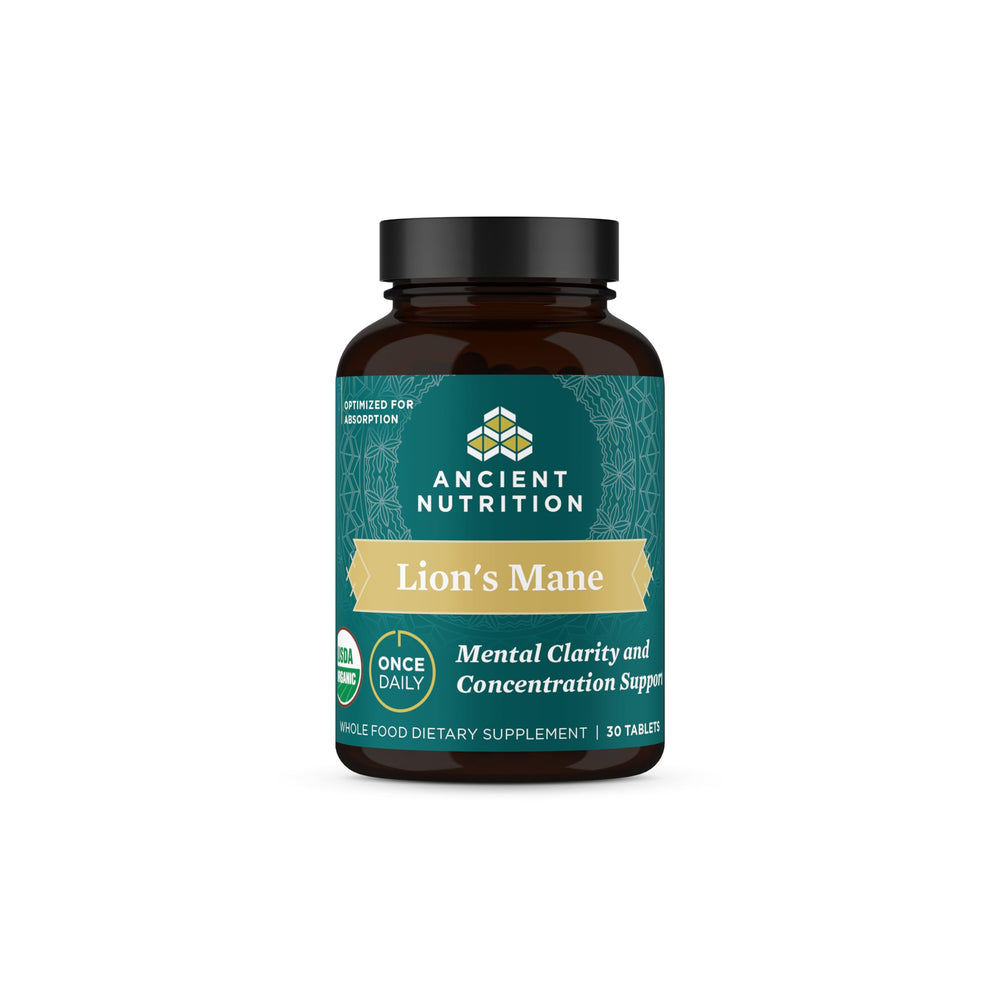 Ancient Nutrition Organic Lion's Mane bottle highlighting focus-friendly formula.