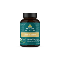 Ancient Nutrition Organic Lion's Mane bottle highlighting focus-friendly formula.