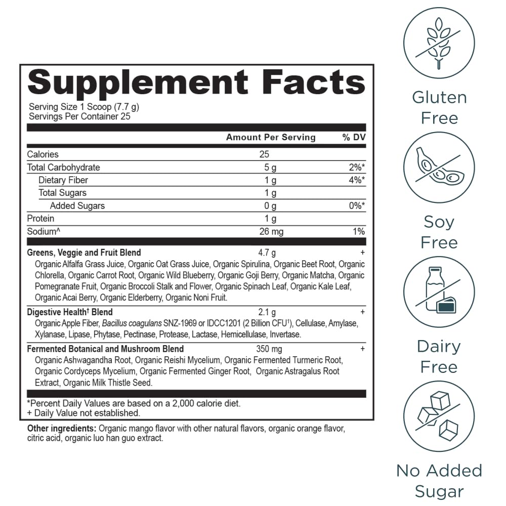 Ancient Nutrition Organic Mango Flavor label highlights tropical taste for greens