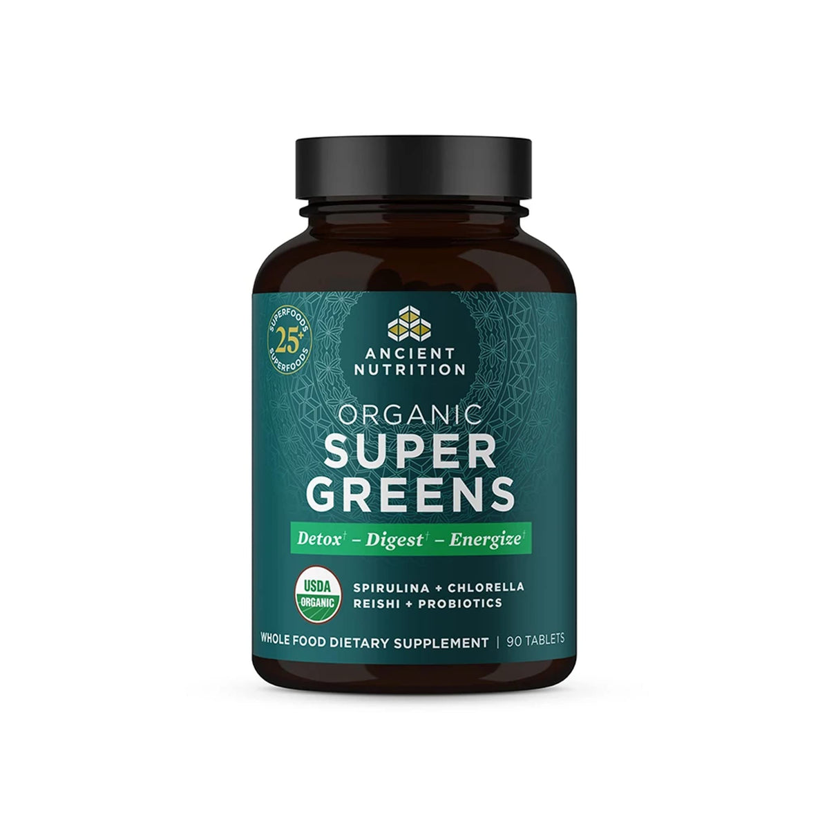 Ancient Nutrition Organic SuperGreens bottle with 90-count tablets for daily greens.