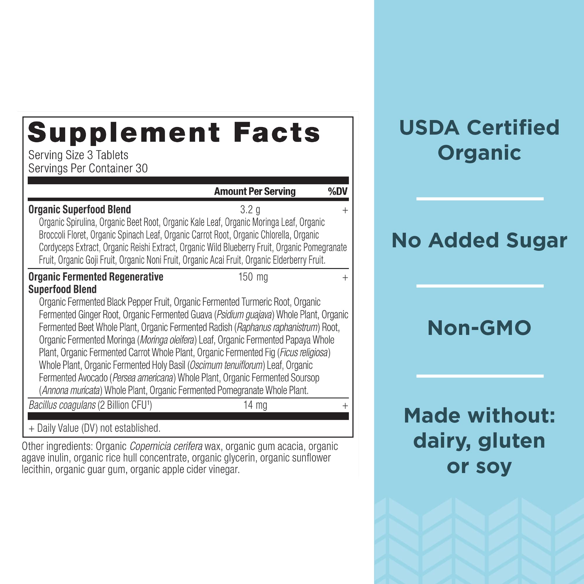 Closeup of Ancient Nutrition Organic SuperGreens tablets ready to take.