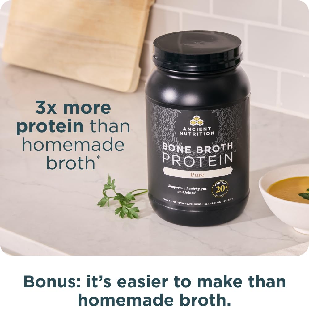 Ancient Nutrition packaging highlights grass-fed, cage-free bone broth sources for quality ingredients.