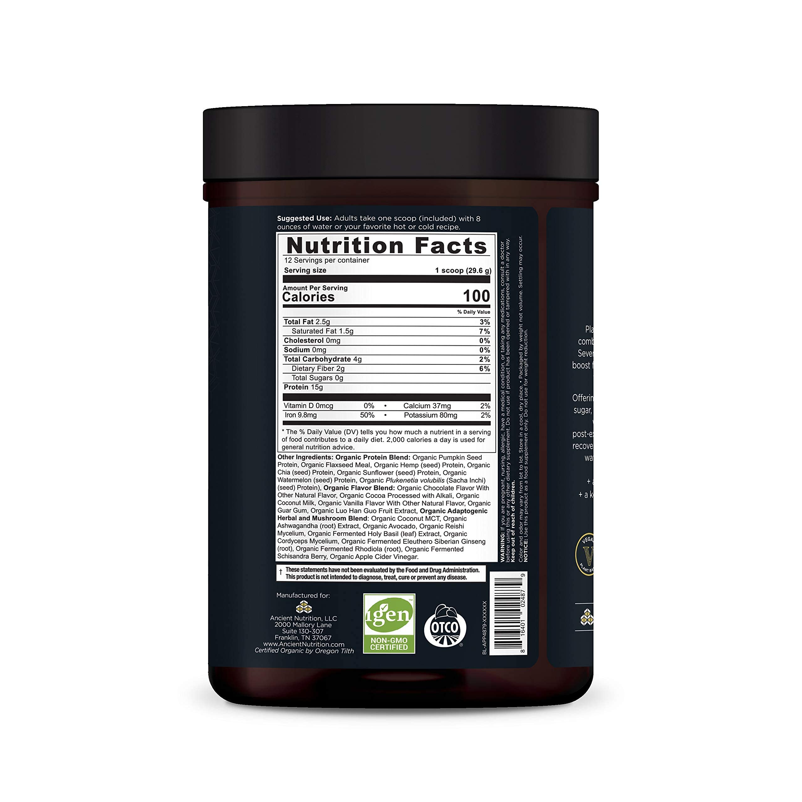 Ancient Nutrition Plant Based Protein Chocolate scoop ready for shakes.