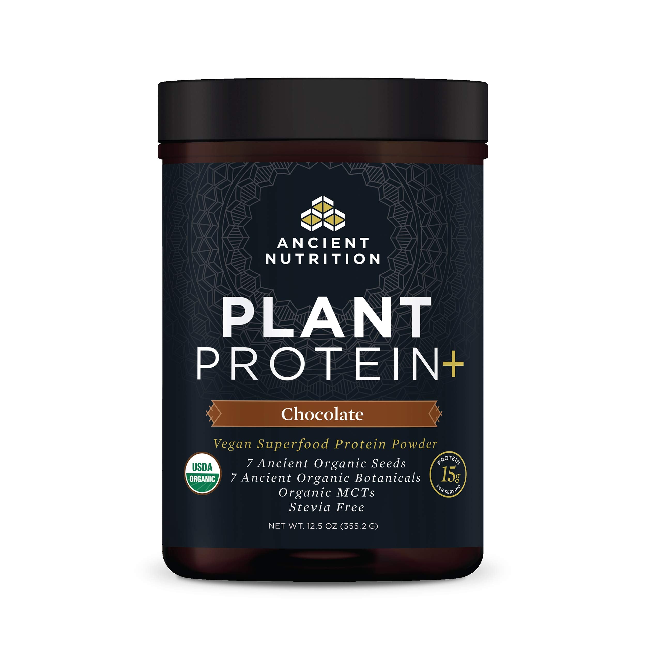 Ancient Nutrition Plant Based Protein Chocolate tub for convenient vegan protein boost.