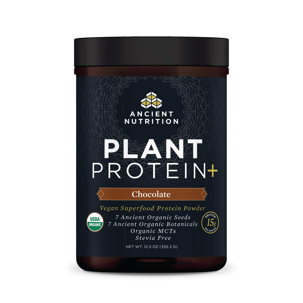 Ancient Nutrition Plant Based Protein Chocolate tub for convenient vegan protein boost.