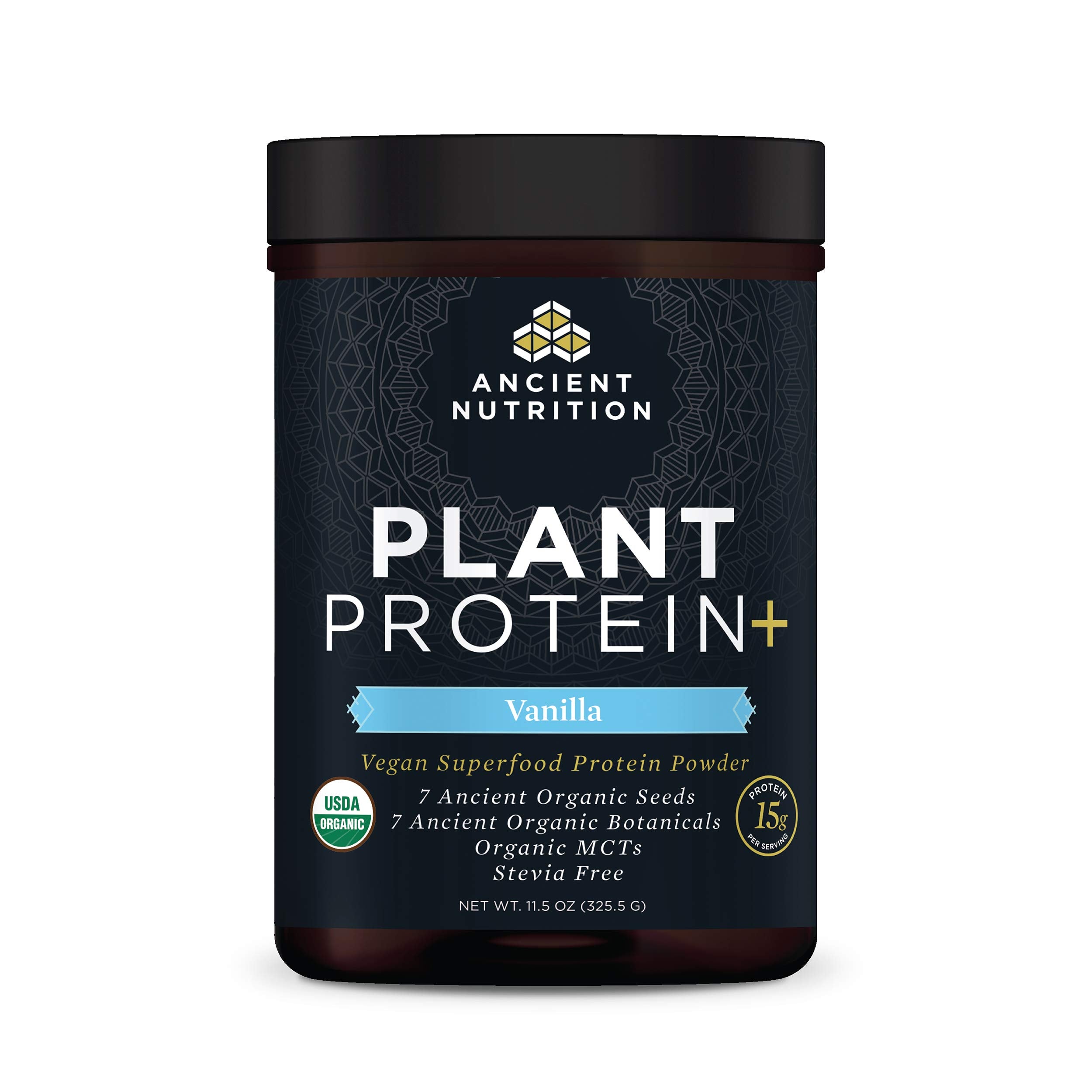 Ancient Nutrition Plant Protein Plus Vanilla bottle shows a dairy-free protein option for shakes.
