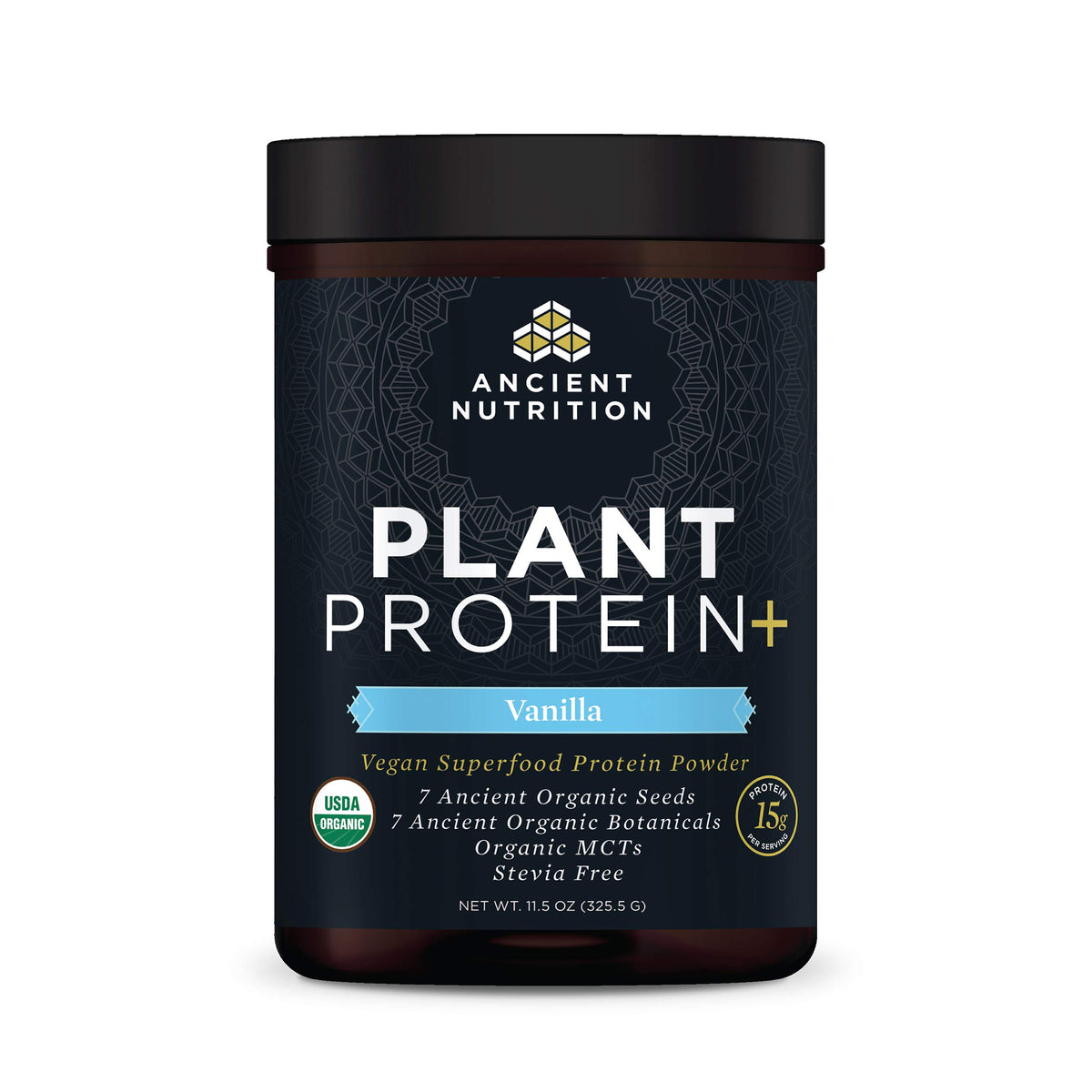Ancient Nutrition Plant Protein Plus Vanilla bottle shows a dairy-free protein option for shakes.
