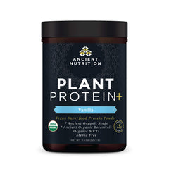 Ancient Nutrition Plant Protein Plus Vanilla bottle shows a dairy-free protein option for shakes.