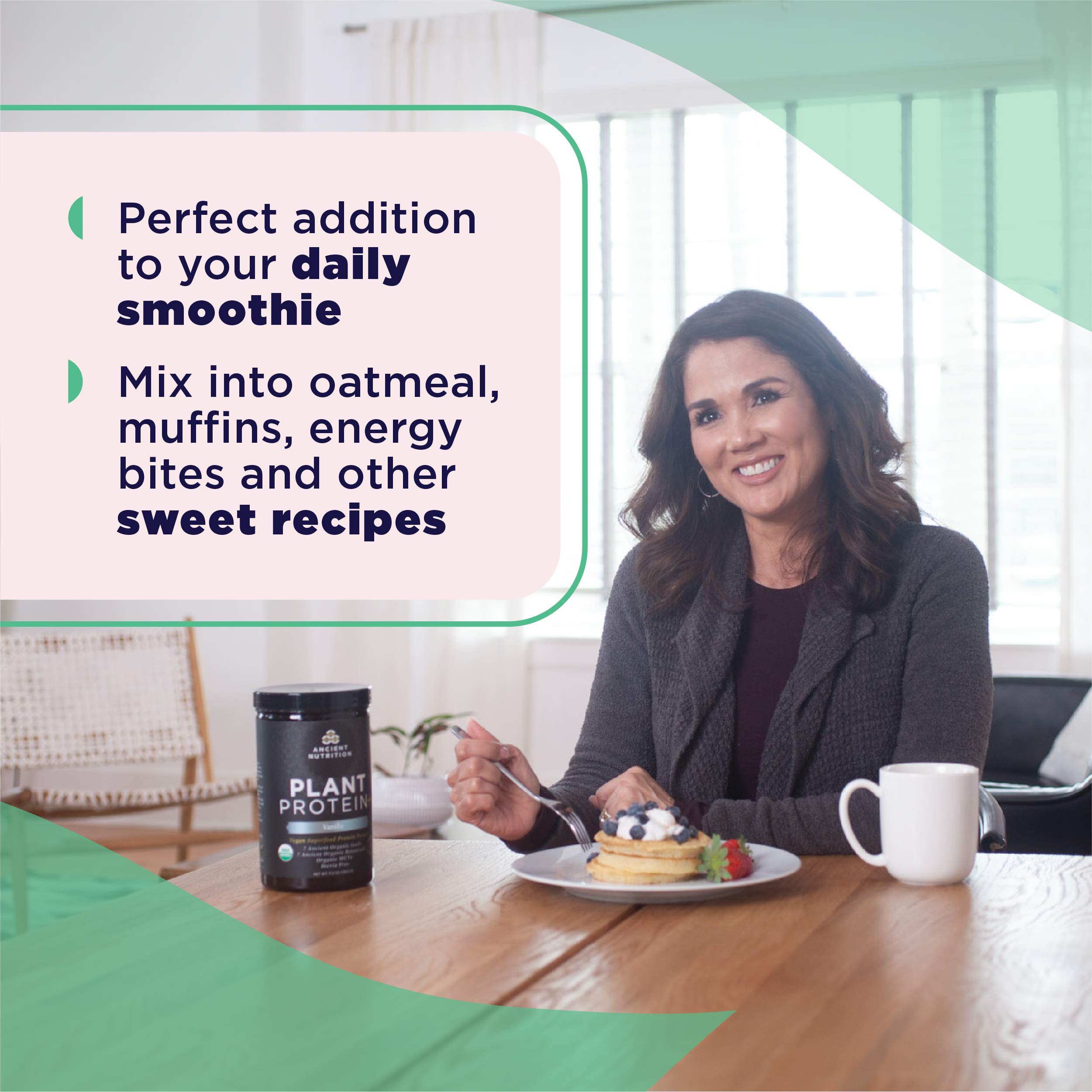 Ancient Nutrition Plant Protein Plus Vanilla ingredients highlight organic, vegan protein sources.