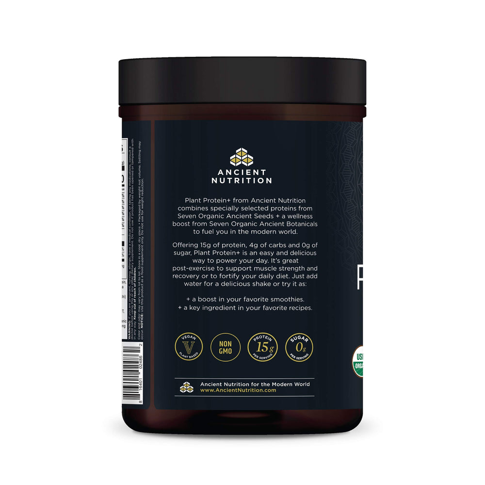 Ancient Nutrition Plant Protein Plus Vanilla packaging on a kitchen counter ready to use.