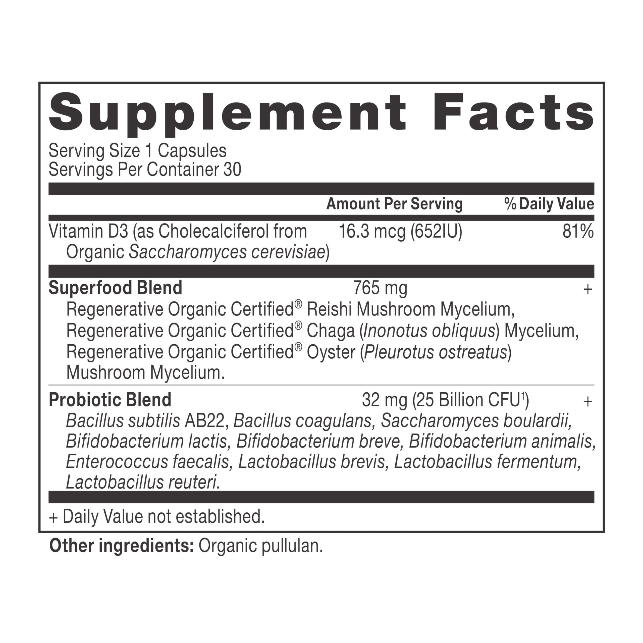 Ancient Nutrition probiotic capsule for daily use with prebiotics and postbiotics.