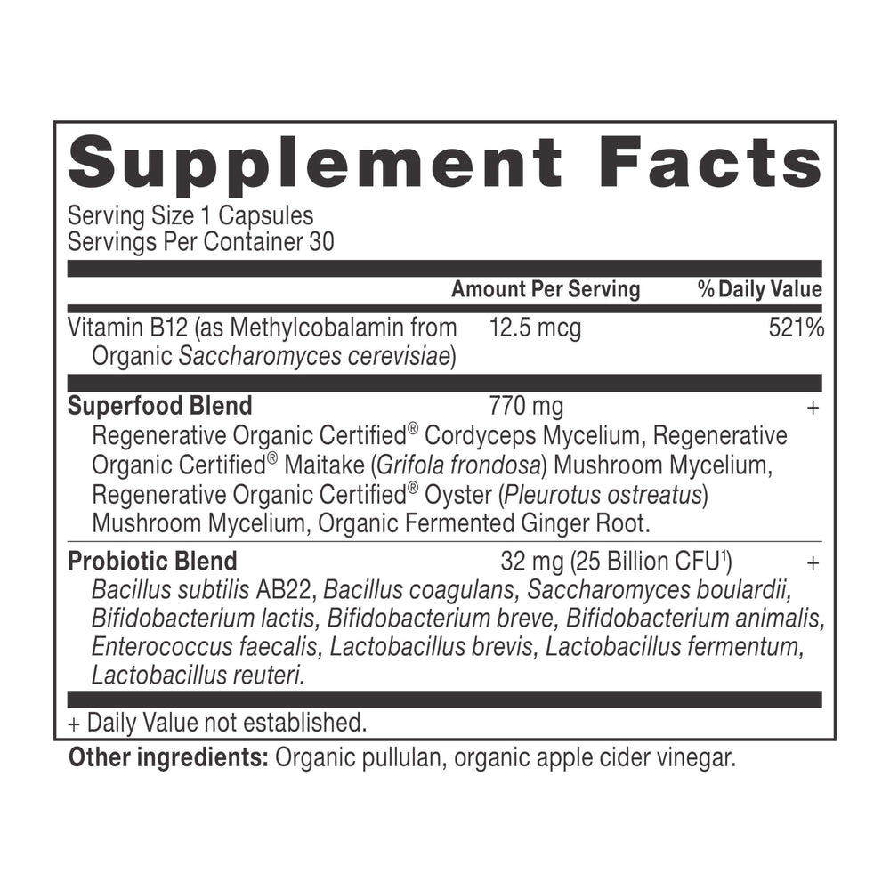 Ancient Nutrition probiotic capsule close-up showing high CFU formula