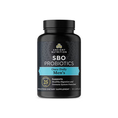Ancient Nutrition Probiotics for Men bottle with 30 capsules for daily support.