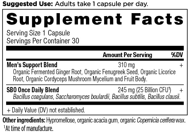 Close-up of Ancient Nutrition Probiotics for Men capsule highlighting daily dosage.