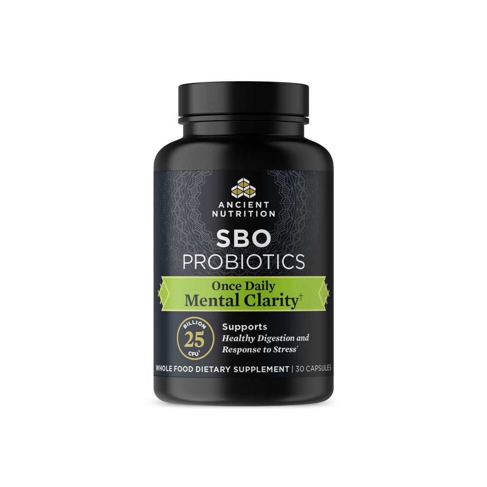 Ancient Nutrition Probiotics bottle close-up for mental clarity support