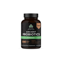 Ancient Nutrition Probiotics Ultimate bottle front showing 60 capsules for gut health.