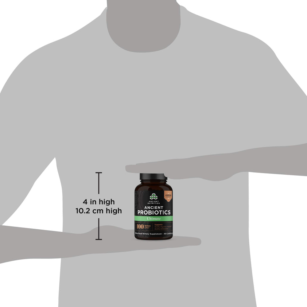 Serving information on Ancient Nutrition Probiotics Ultimate bottle with CFU.