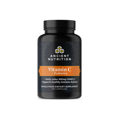Ancient Nutrition Probiotics and Vitamin C bottle pour supports immune and gut health.