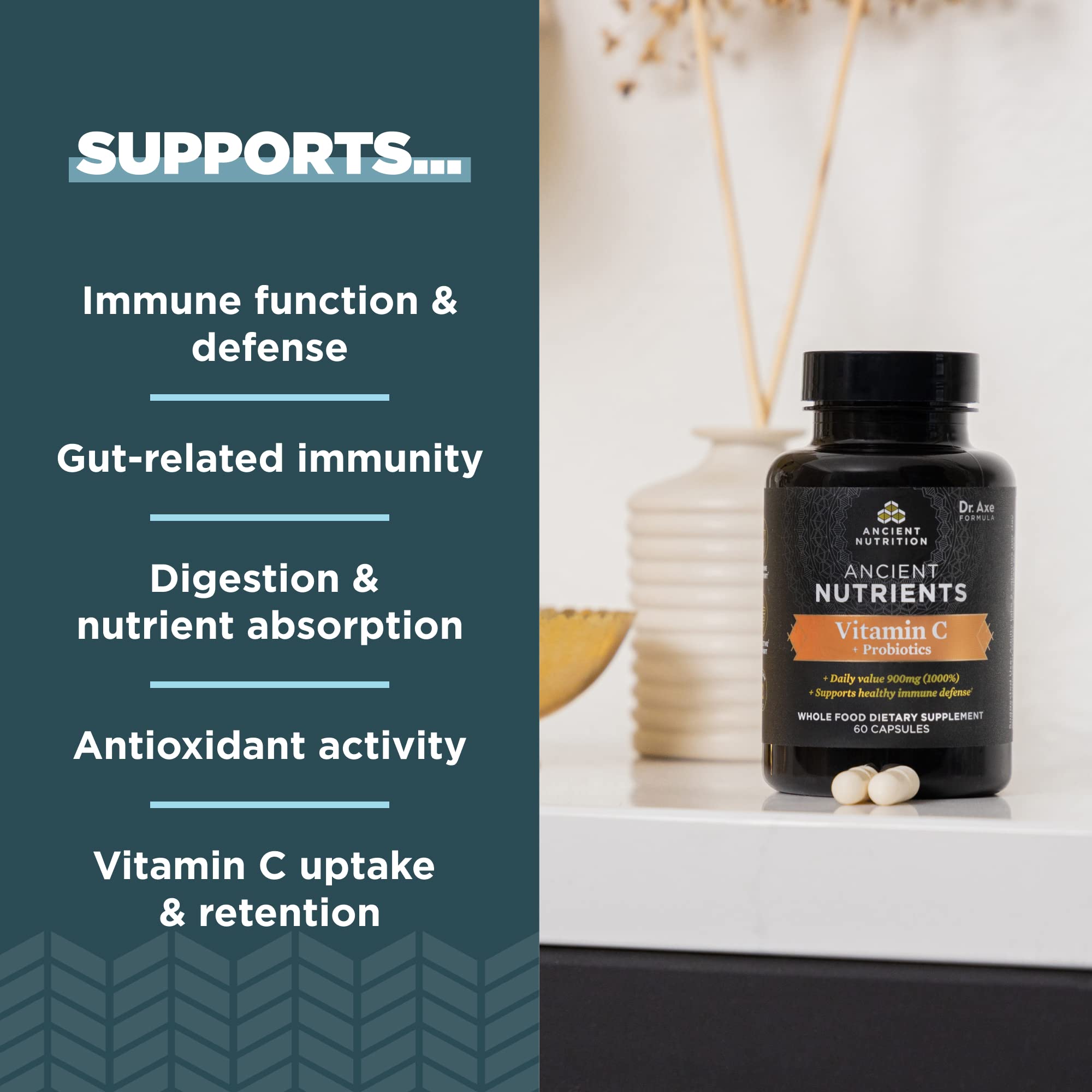 Ancient Nutrition Probiotics vitamin C capsules close-up emphasizes real food nutrients.