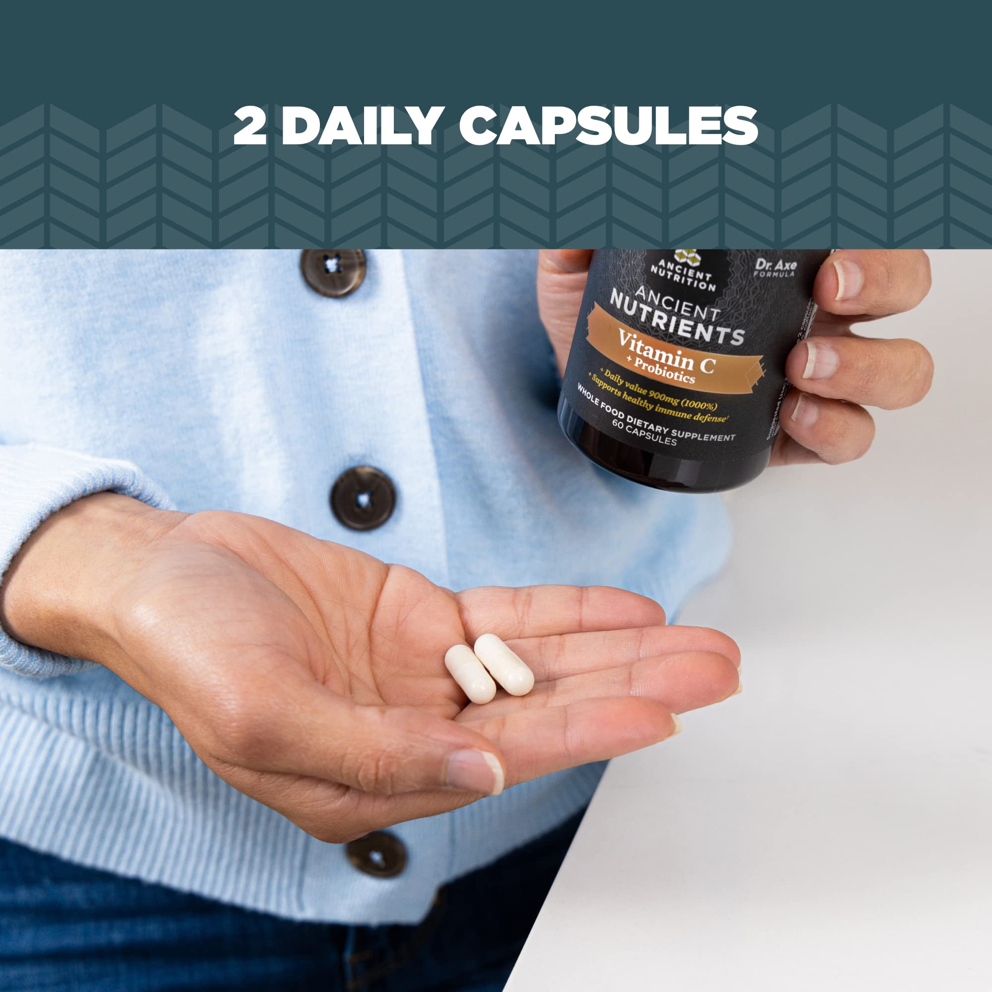 Ancient Nutrition Probiotics vitamin C daily dosing scene suggests easy routine.