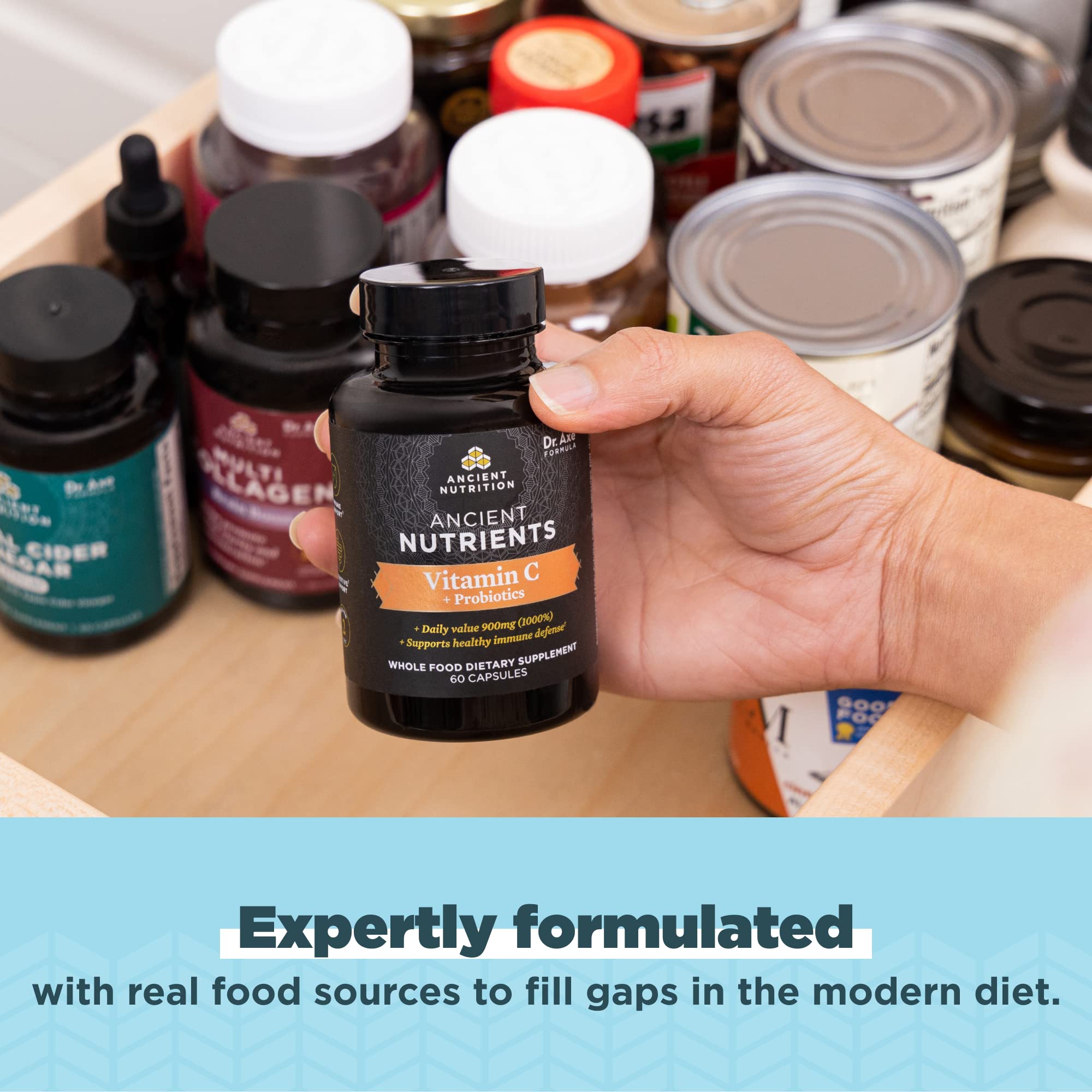 Ancient Nutrition Probiotics vitamin C ingredient close-up reveals whole food sources.