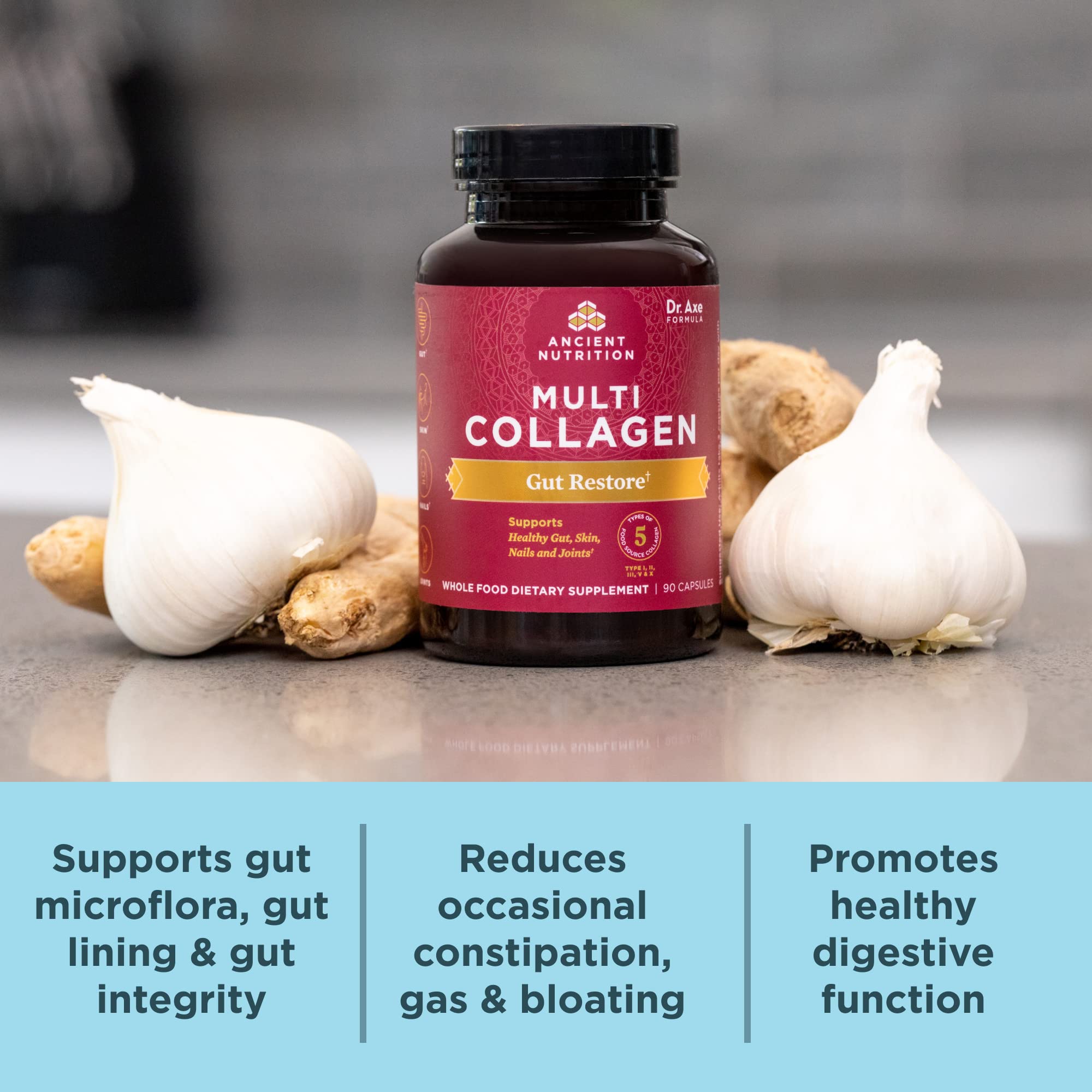 Ancient Nutrition probiotics-xylo-oligosaccharide blend visual showing gut microflora support.
