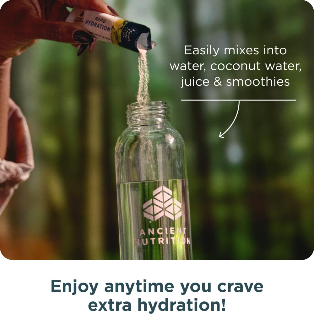 Ancient Nutrition Rapid Hydration travel bag scene shows convenient hydration on the move