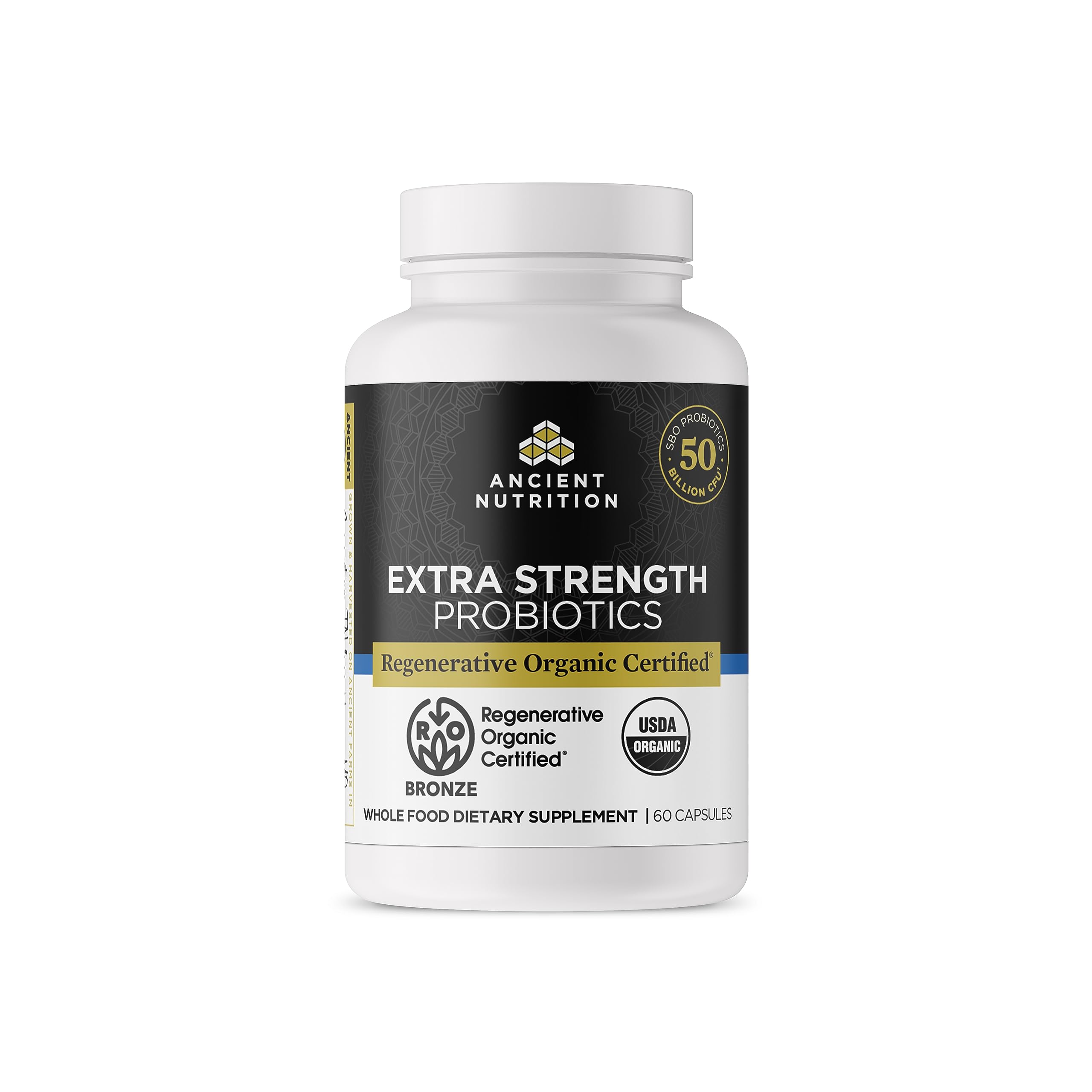 Ancient Nutrition probiotic bottle front view for daily gut support
