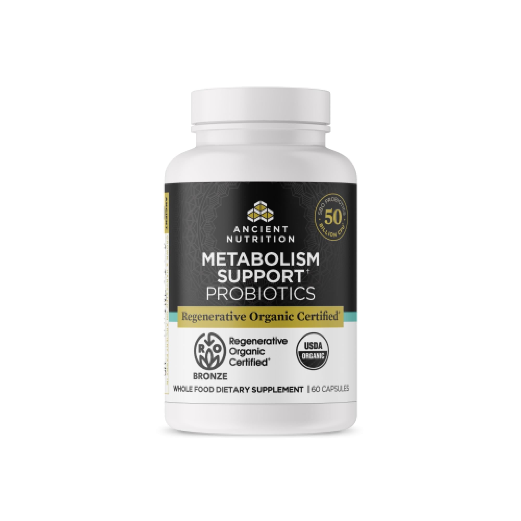 Ancient Nutrition regenerative organic probiotics bottle with capsules for daily metabolism support potential