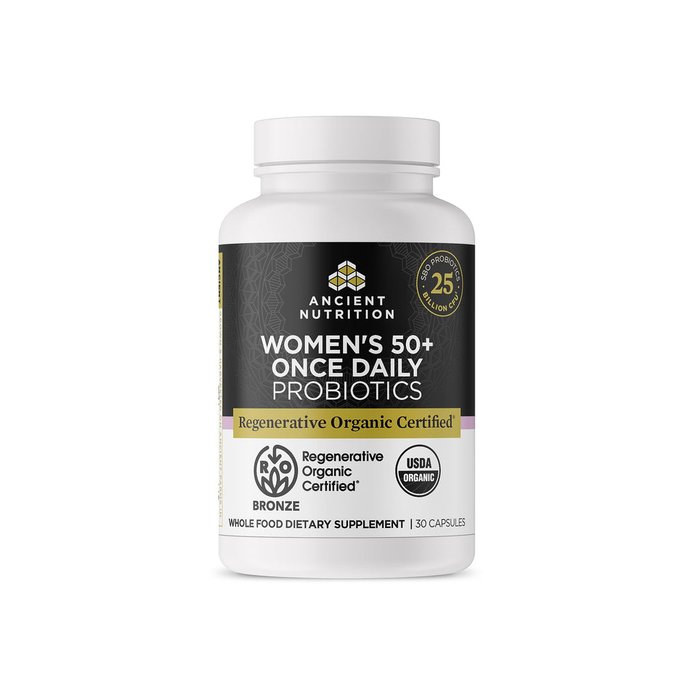 Ancient Nutrition probiotic bottle for women 50+ promoting daily digestive balance