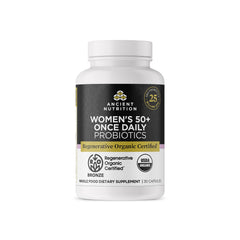 Ancient Nutrition probiotic bottle for women 50+ promoting daily digestive balance