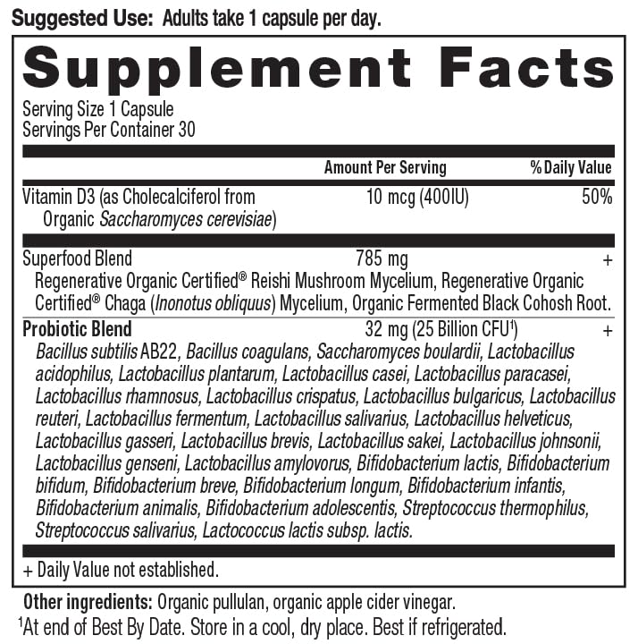 Ancient Nutrition probiotic label with regenerative organic certification and potency