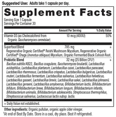 Ancient Nutrition probiotic label with regenerative organic certification and potency