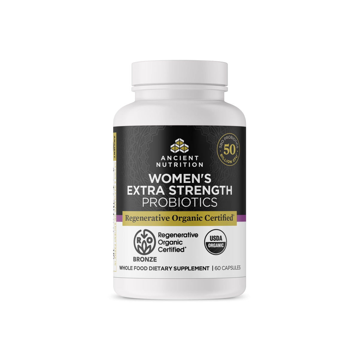 Ancient Nutrition Probiotics Women bottle front showing extra strength formula for daily balance