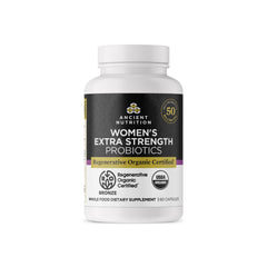 Ancient Nutrition Probiotics Women bottle front showing extra strength formula for daily balance