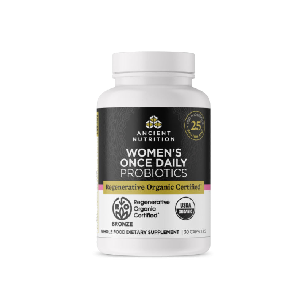 Ancient Nutrition Regenerative Organic Women’s Probiotics bottle for daily gut balance.