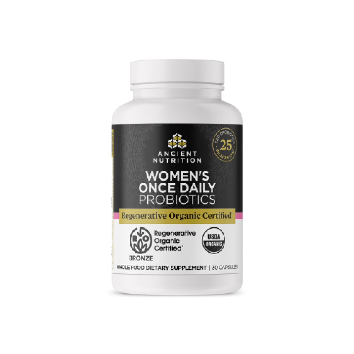 Ancient Nutrition Regenerative Organic Women’s Probiotics bottle for daily gut balance.