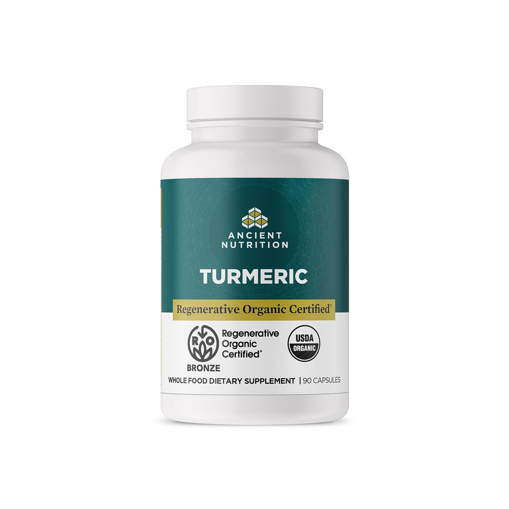 Ancient Nutrition ROC turmeric capsules bottle for joint support.