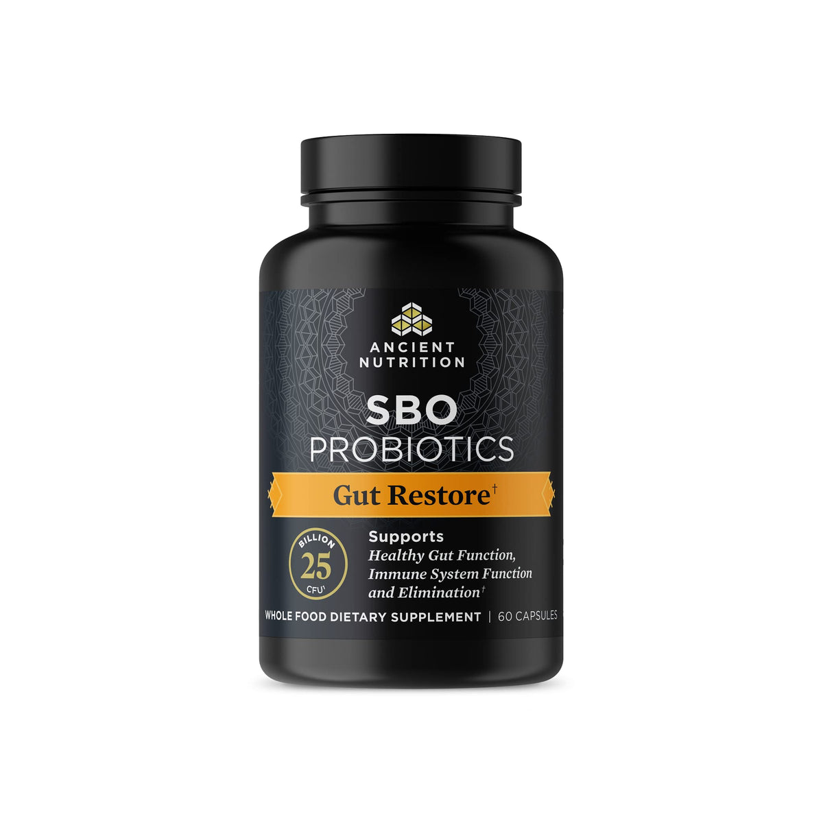 Ancient Nutrition SBO Gut Restore bottle with capsules for gut support.