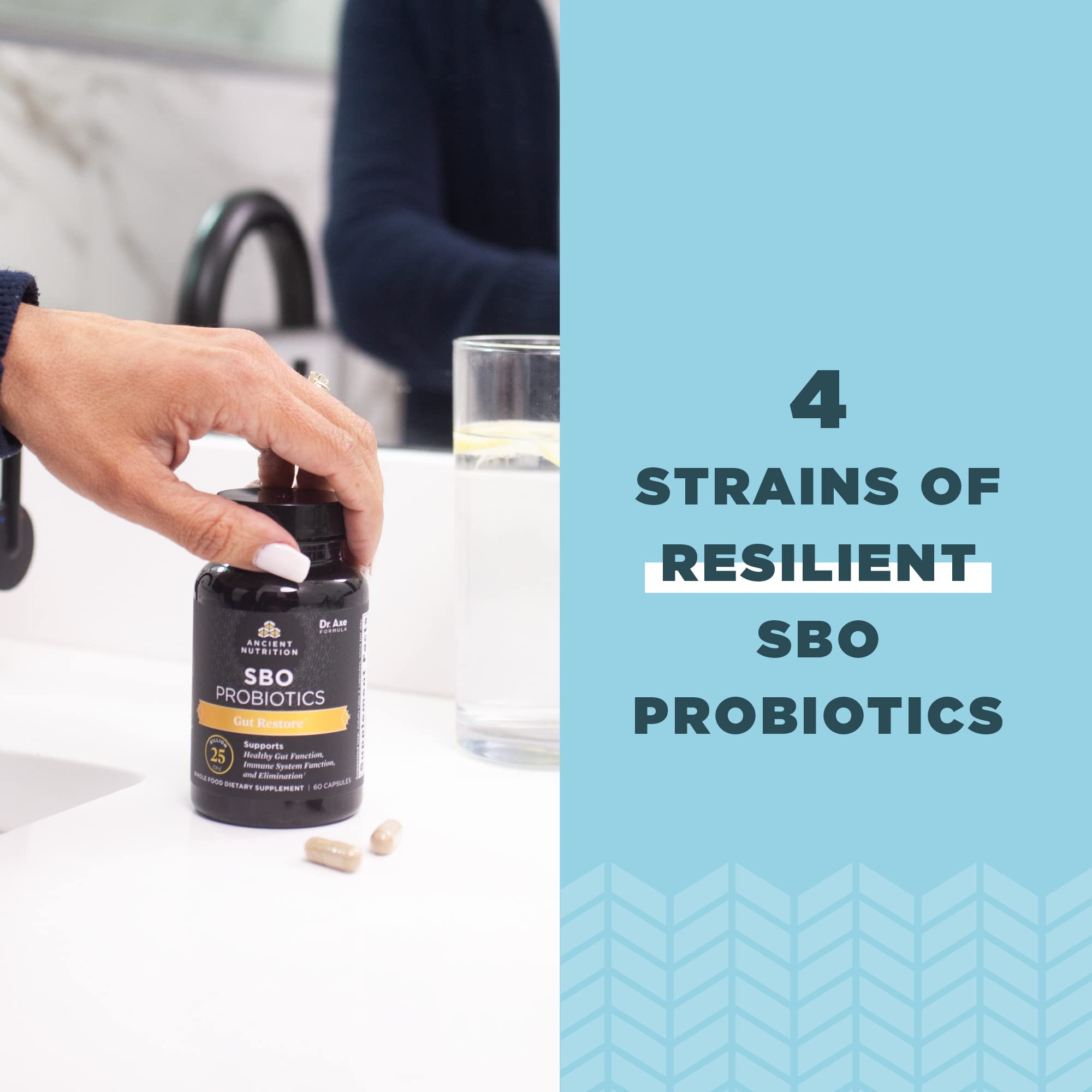 Two capsules daily dosing shown for digestive comfort and immune support.