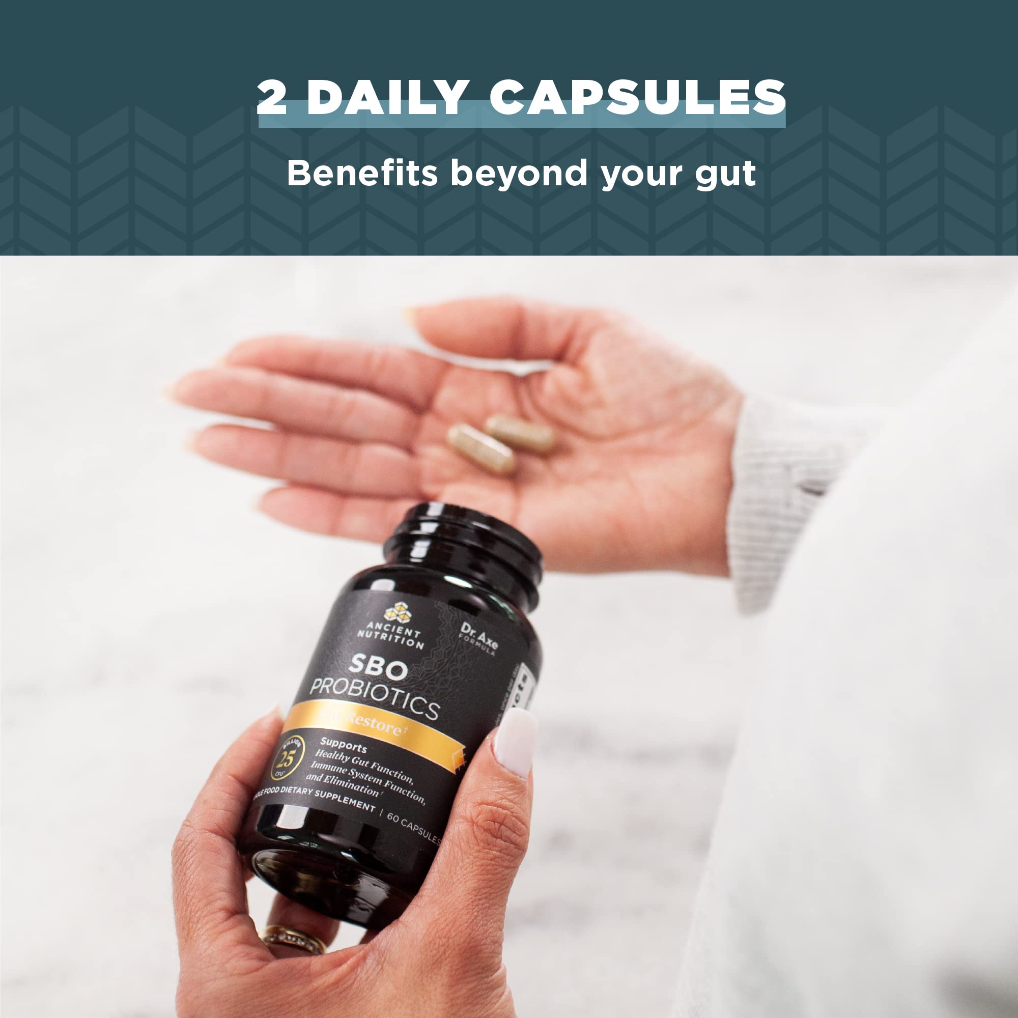 Organic fermented botanical blend highlighted on Ancient Nutrition SBO Gut Restore box.
