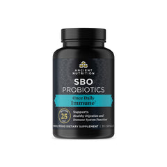 Ancient Nutrition SBO Once Daily Probiotics bottle highlighting 25 Billion CFU for digestive support.