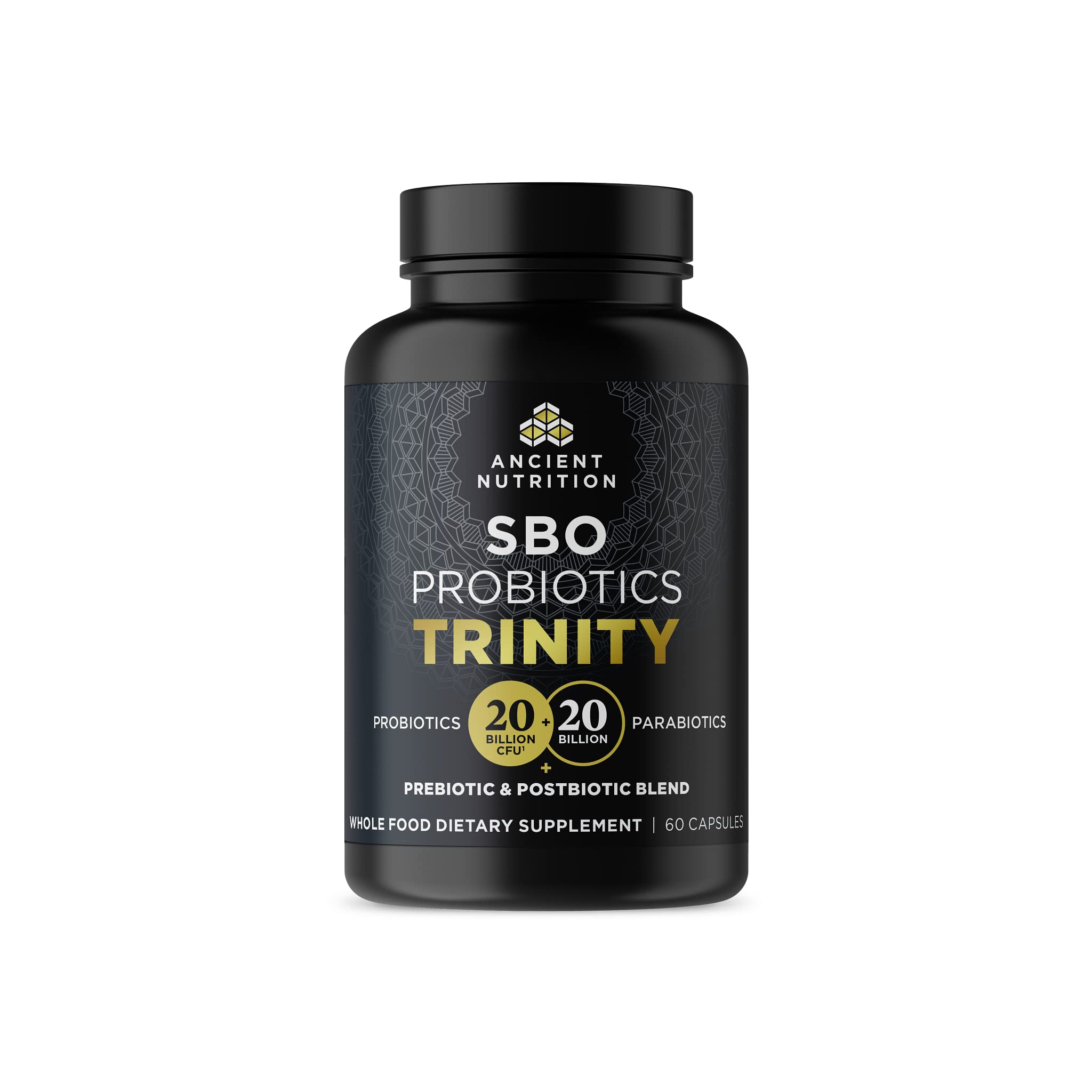 Ancient Nutrition SBO Probiotic Trinity bottle front for daily wellness support.