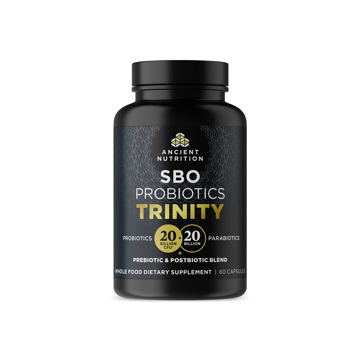 Ancient Nutrition SBO Probiotic Trinity bottle front for daily wellness support.