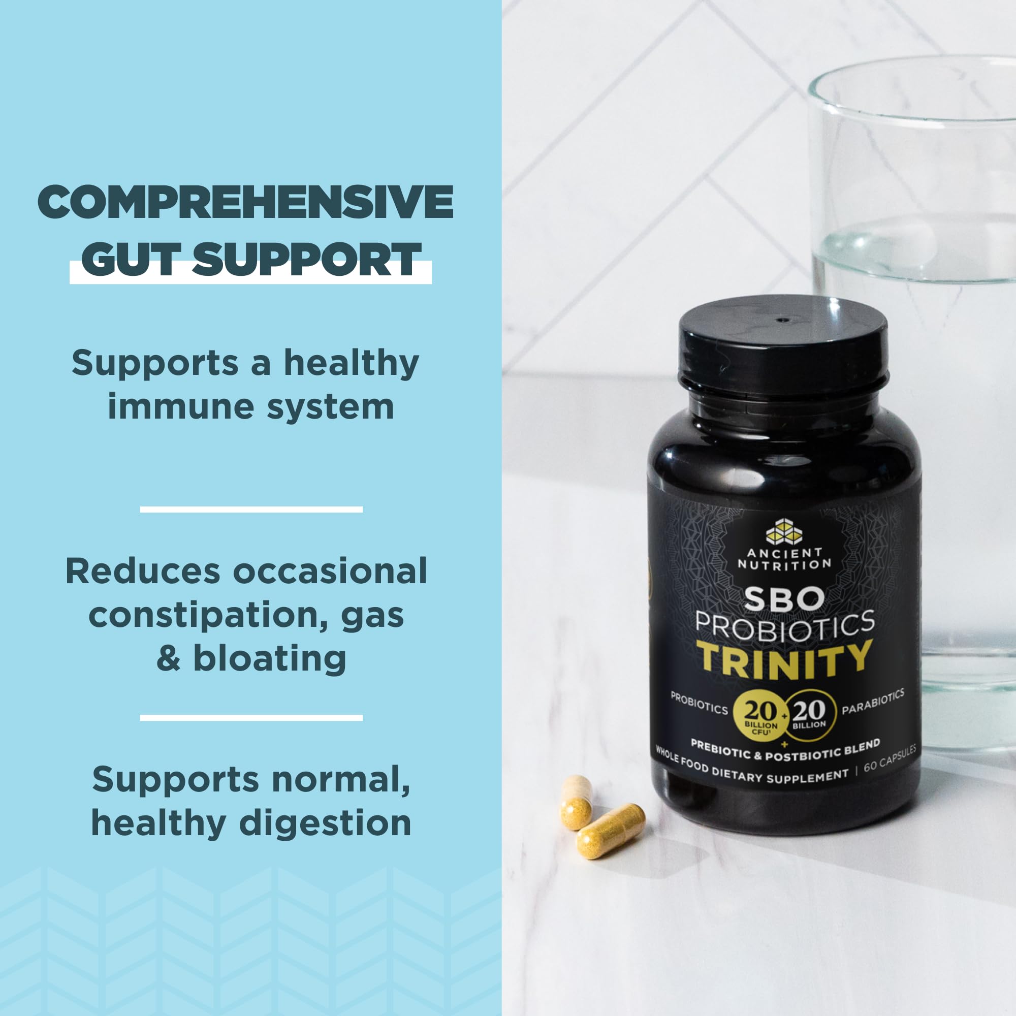 Ancient Nutrition SBO Probiotic Trinity label detail showing 60-count bottle.