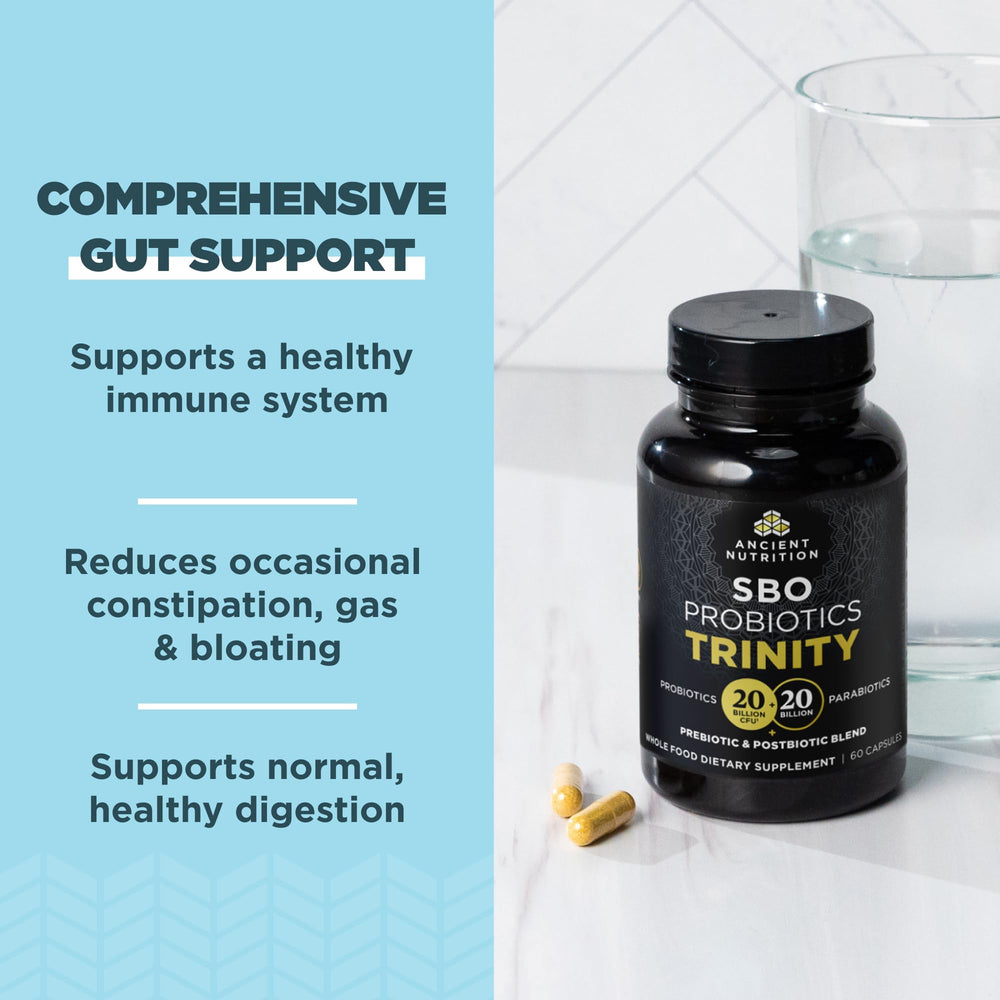 Ancient Nutrition SBO Probiotic Trinity label detail showing 60-count bottle.
