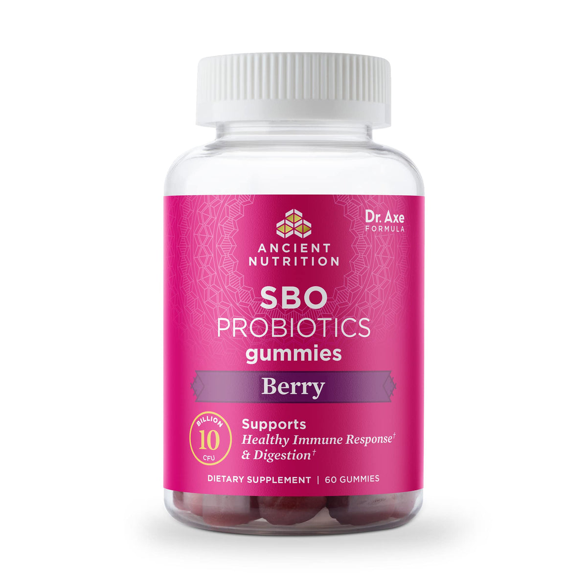 Ancient Nutrition SBO Probiotics Berry Gummies bottle front for daily gut balance.